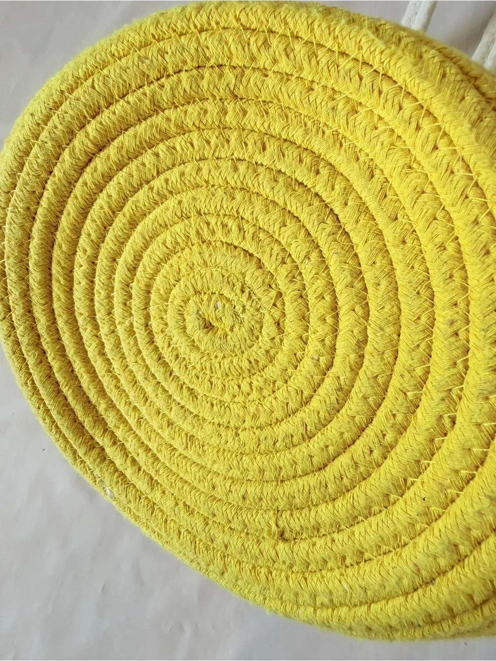 Yellow Cream Coiled Cotton Rope Basket Tote Single Handle Storage Decorative